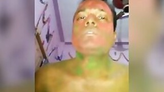Slender domestic wife enjoys home with her spouse on Holi